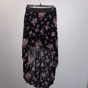 Vintage 90's Black Pink Floral Skirt High Low Boho Whimsigoth Fairycore Size S